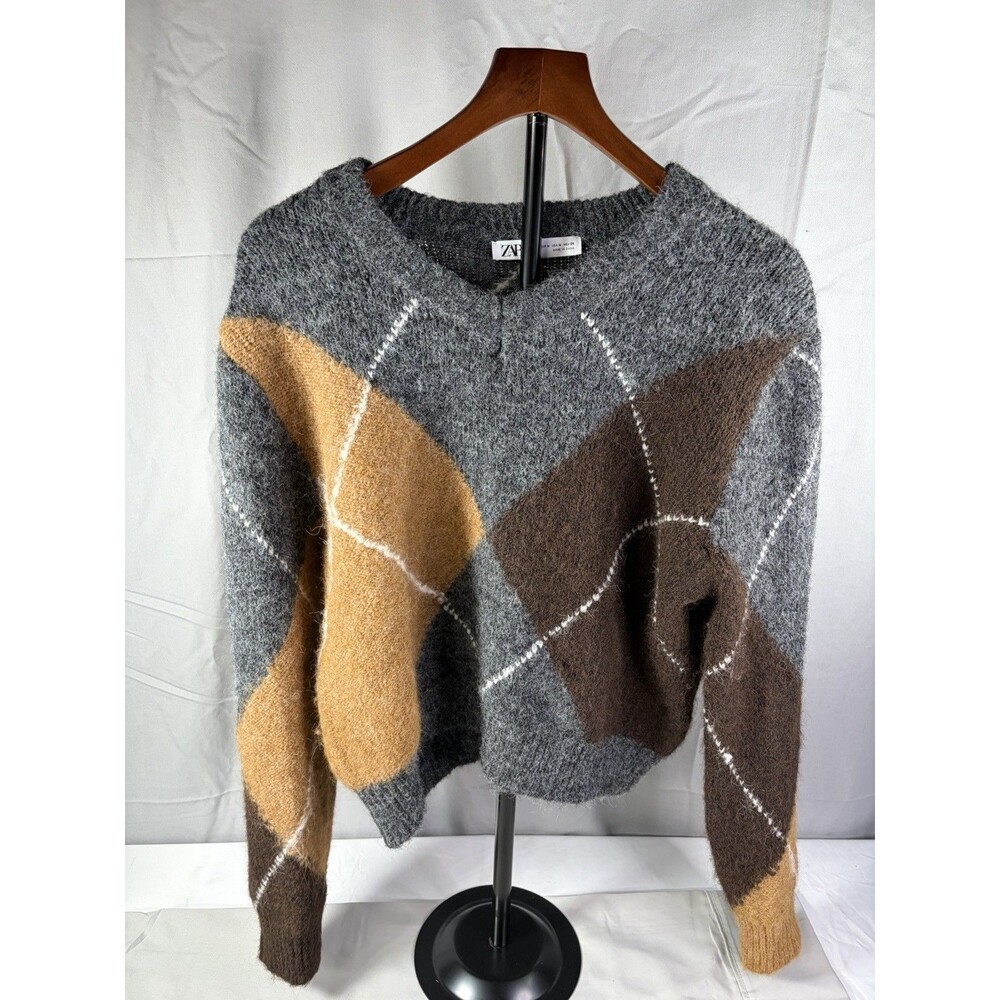 Zara Wool Blend Long Sleeve Sweater Medium Plaid Brown, Grey & White Very Nice